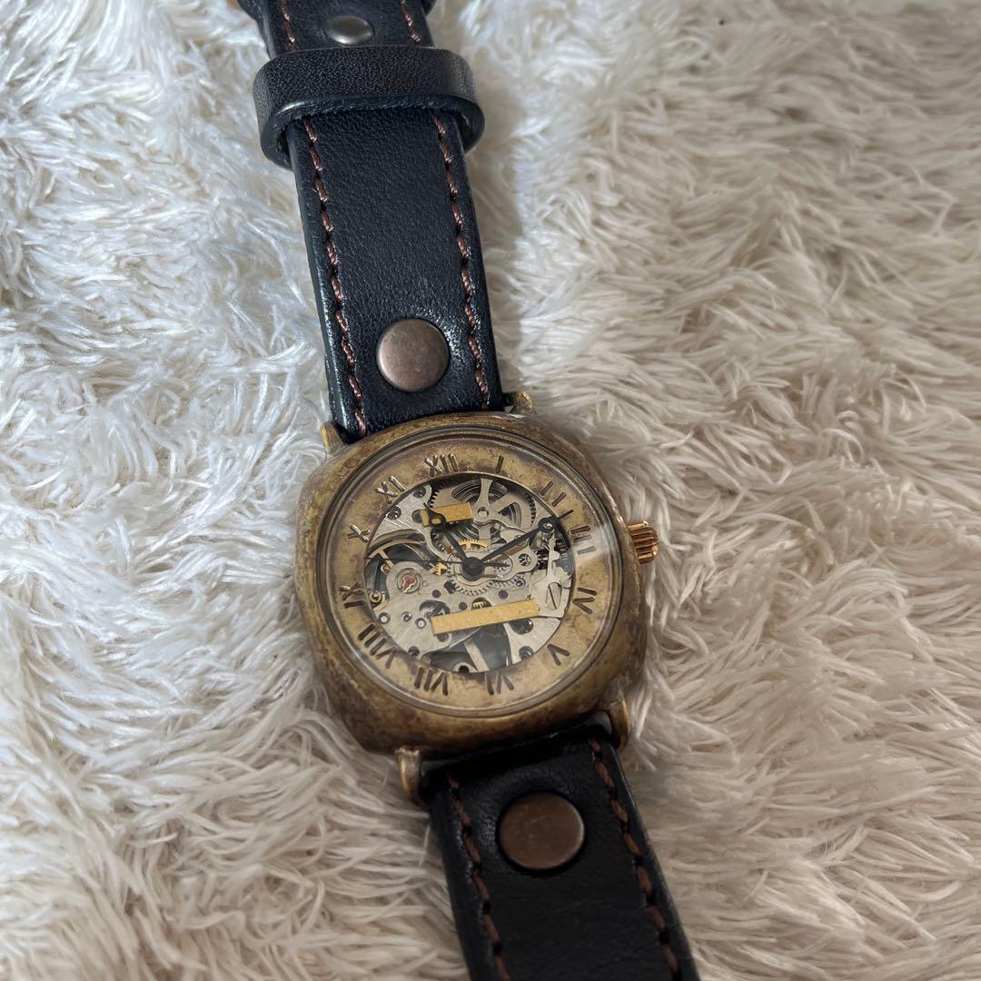 アンティーク腕時計 ハンドメイド 一点物 本革 レザー 黒 手巻き式時計