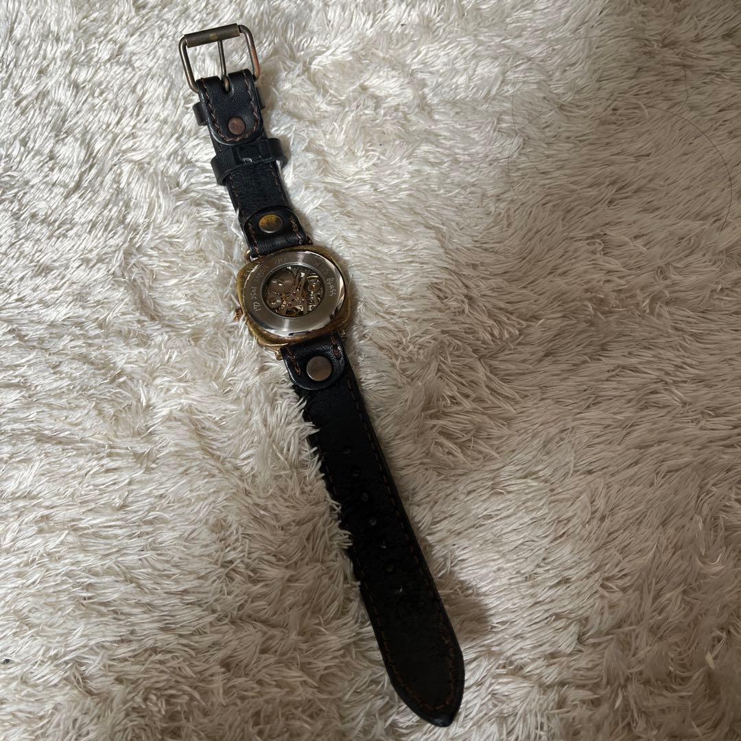 アンティーク腕時計 ハンドメイド 一点物 本革 レザー 黒 手巻き式時計