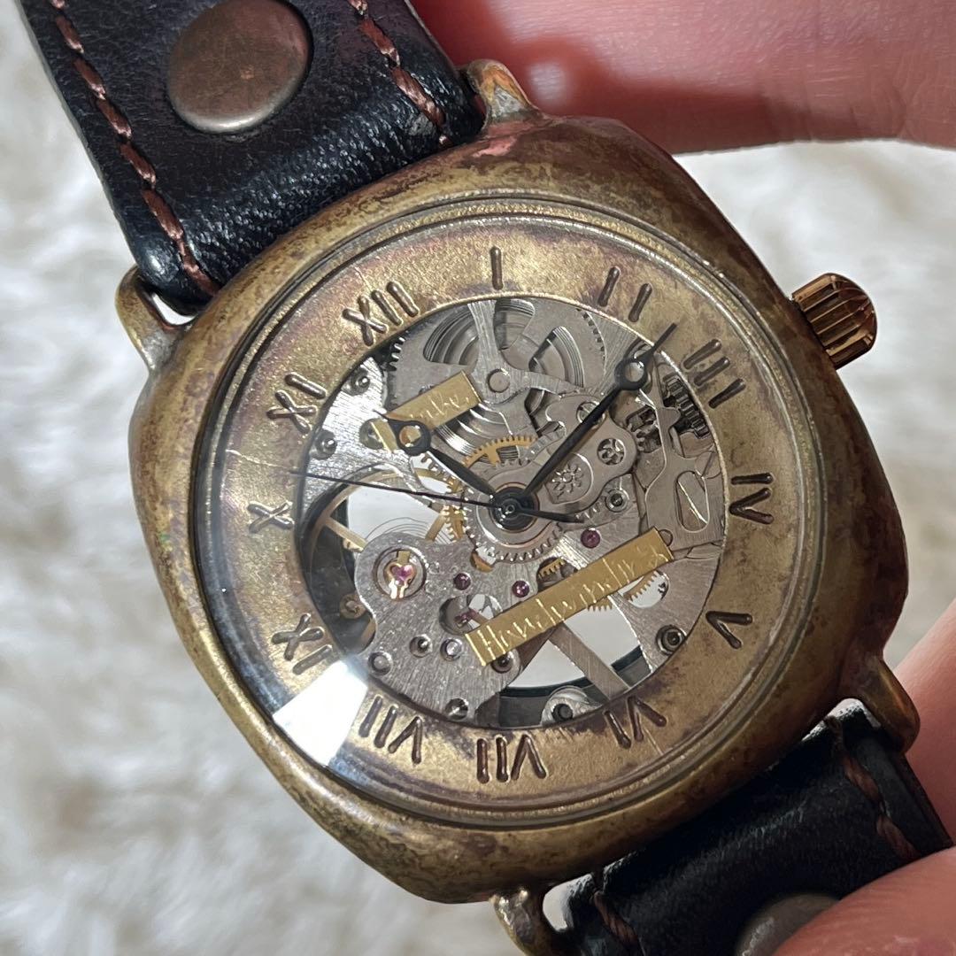 アンティーク腕時計 ハンドメイド 一点物 本革 レザー 黒 手巻き式時計