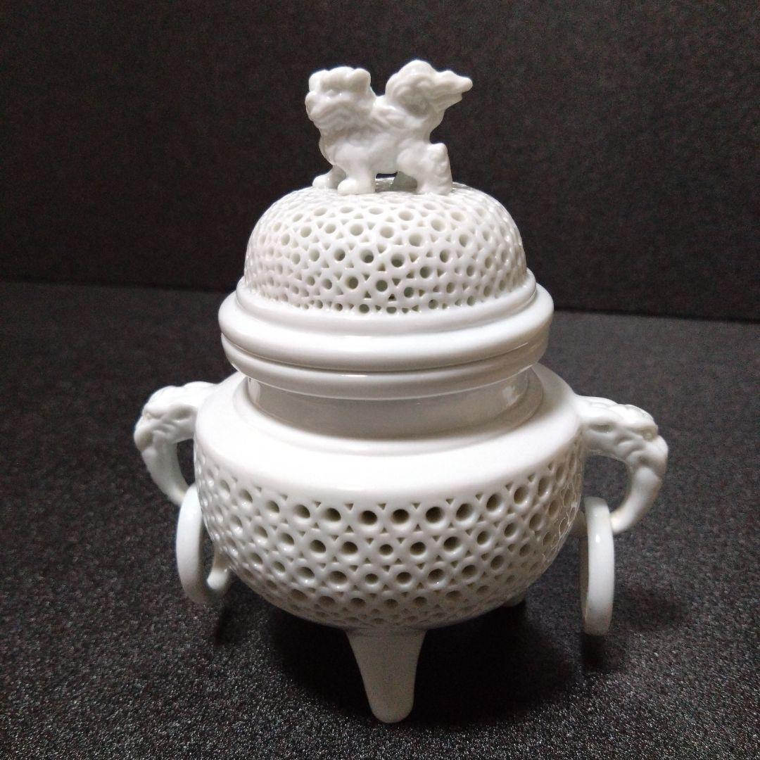 未使用 有田焼 景泉作 白磁透彫耳三足香炉　お祝い