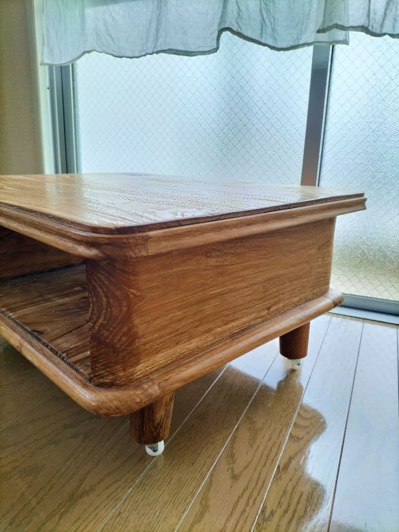 アンティーク家具　無垢チーク材ローテーブル 引き出し付き