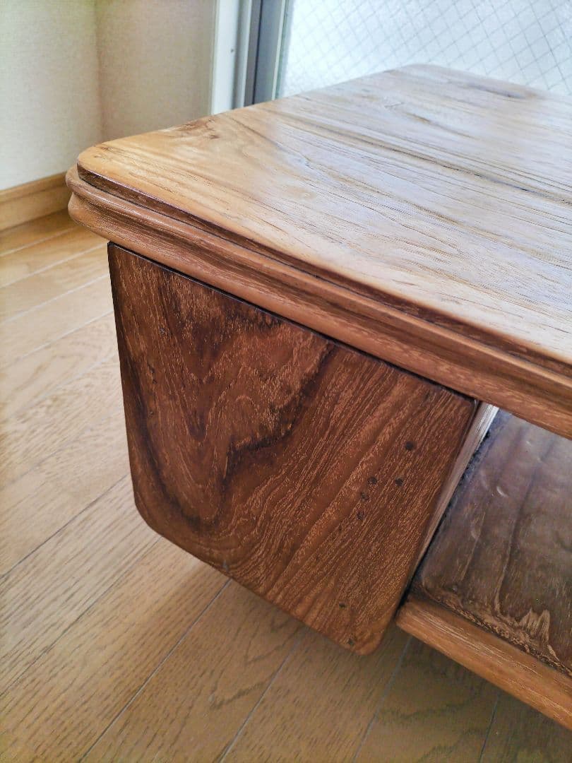 アンティーク家具　無垢チーク材ローテーブル 引き出し付き