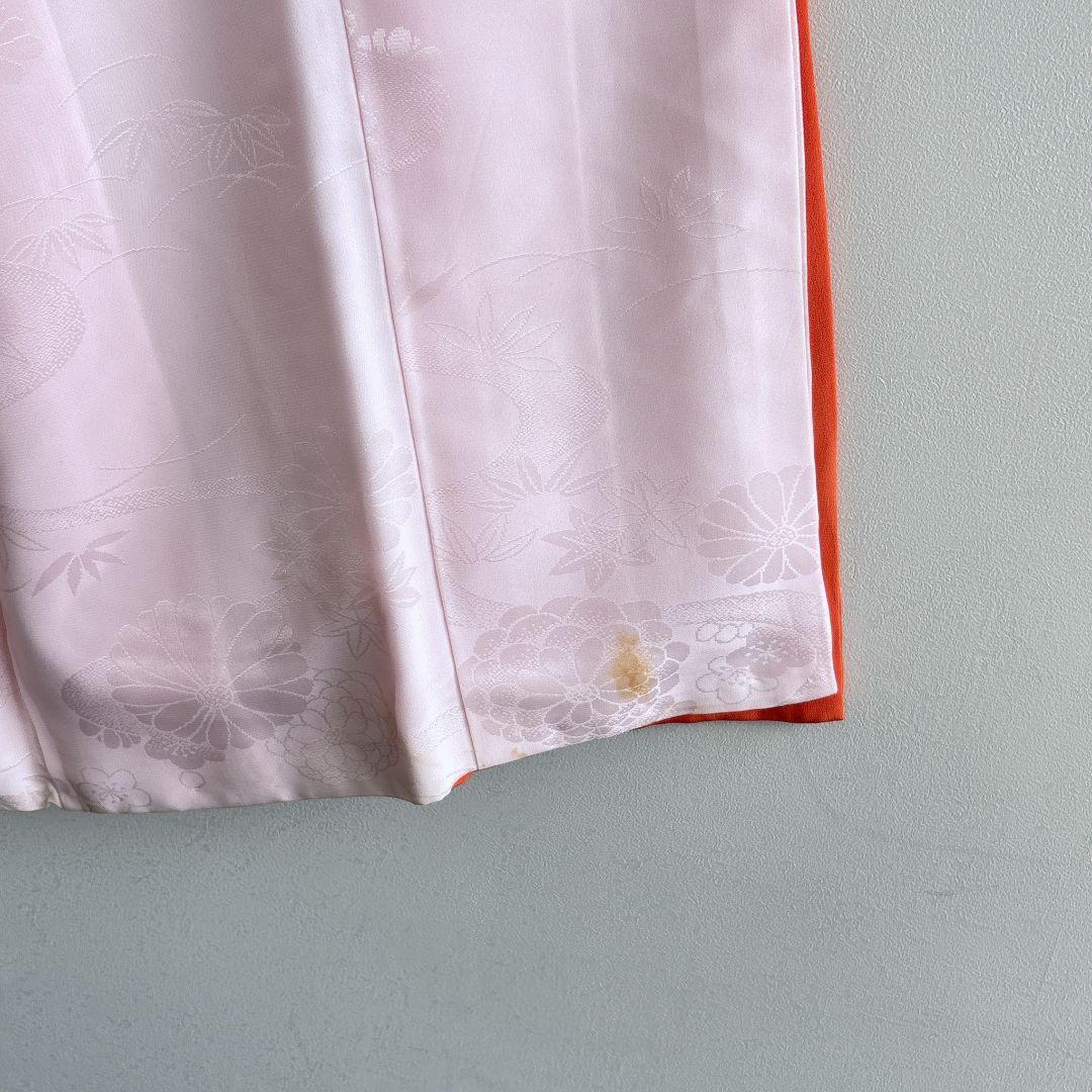 七五三　７歳女の子　オレンジ地　比翼仕立　刺繍金銀　花御所車未使用袋帯　7295