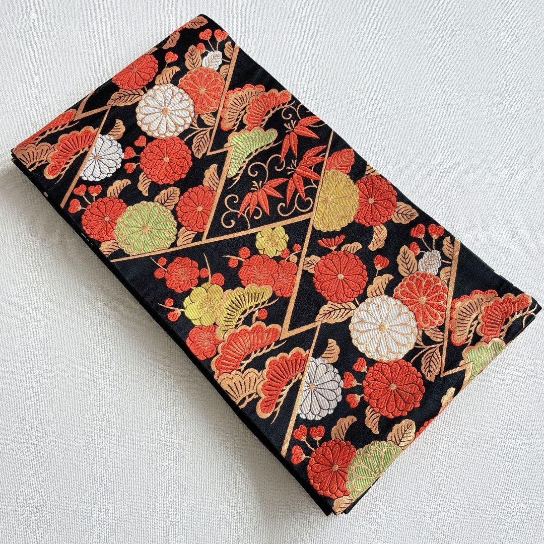 七五三　７歳女の子　オレンジ地　比翼仕立　刺繍金銀　花御所車未使用袋帯　7295