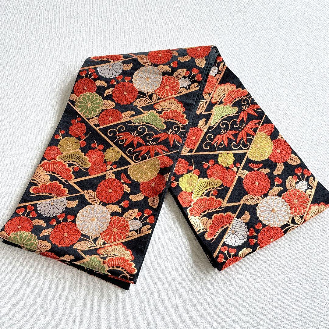 七五三　７歳女の子　オレンジ地　比翼仕立　刺繍金銀　花御所車未使用袋帯　7295