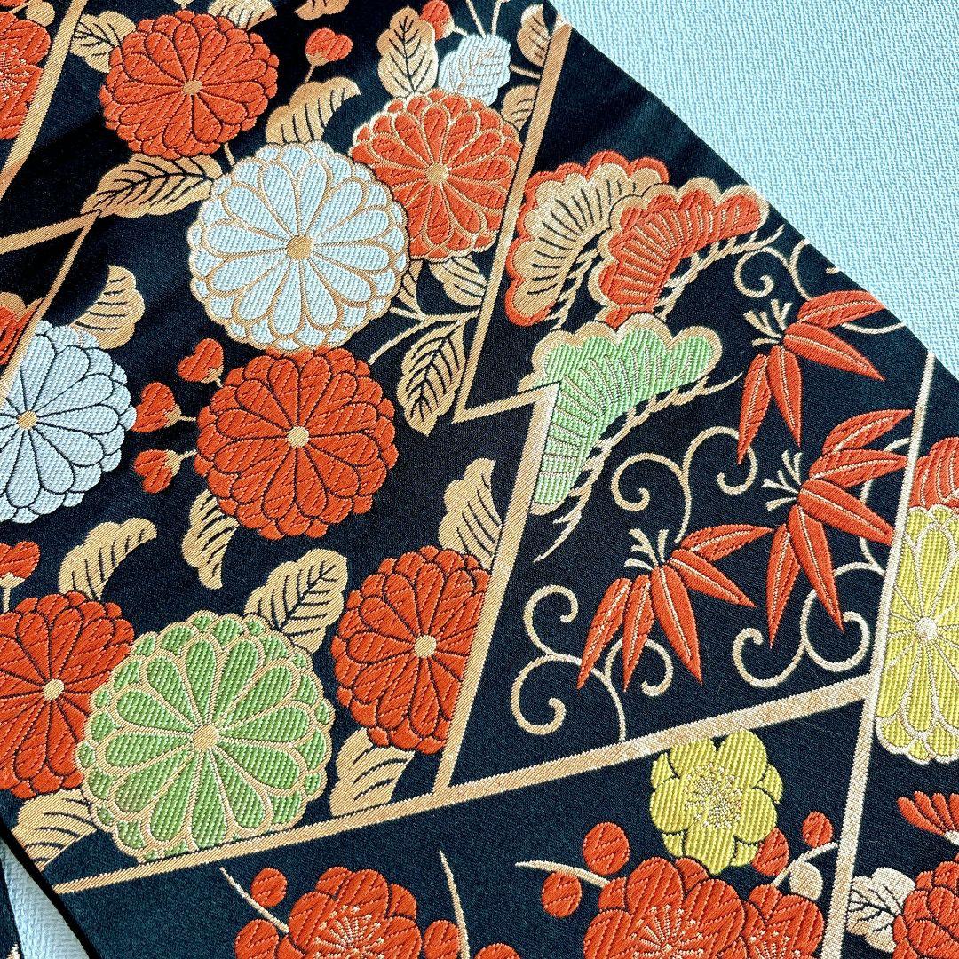 七五三　７歳女の子　オレンジ地　比翼仕立　刺繍金銀　花御所車未使用袋帯　7295