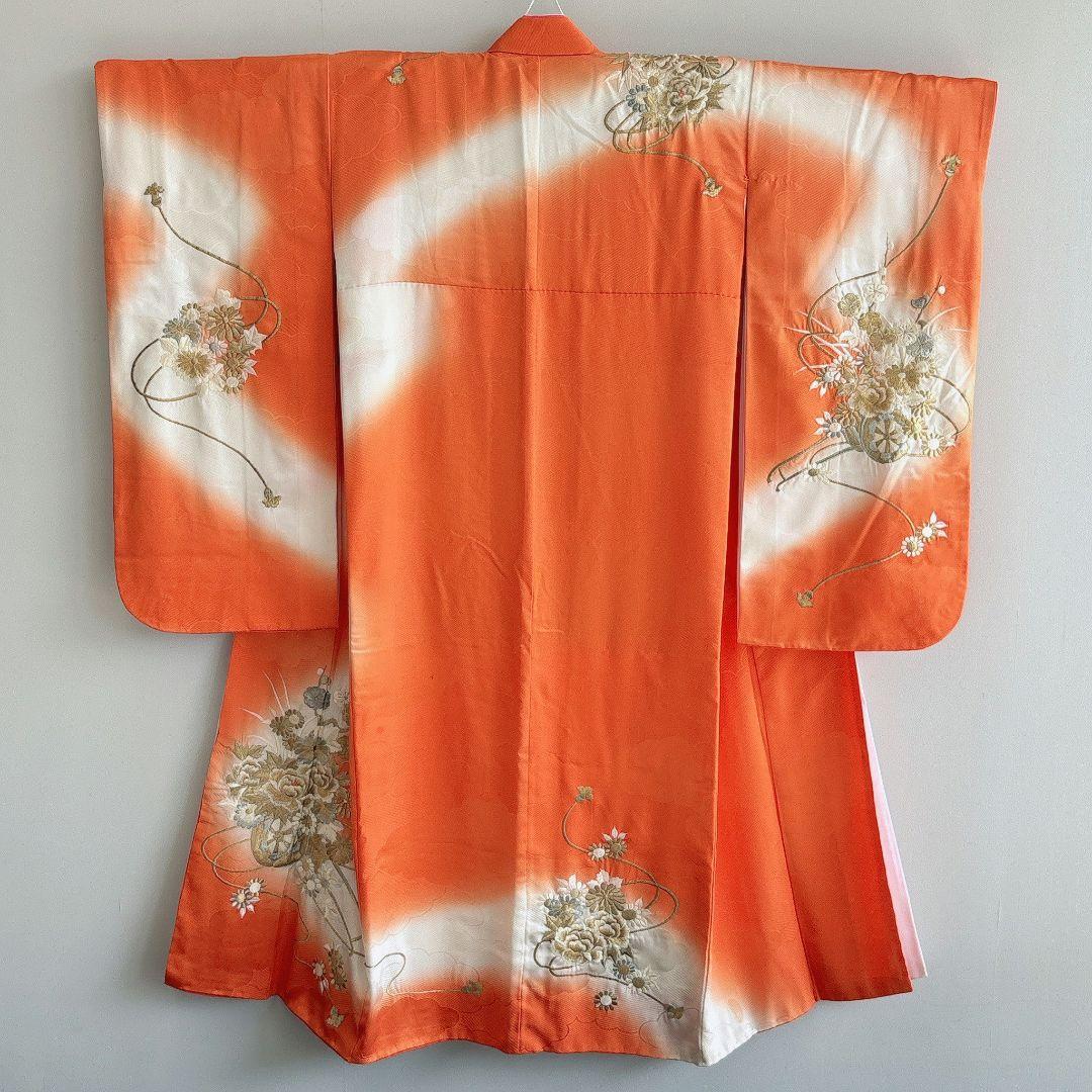 七五三　７歳女の子　オレンジ地　比翼仕立　刺繍金銀　花御所車未使用袋帯　7295