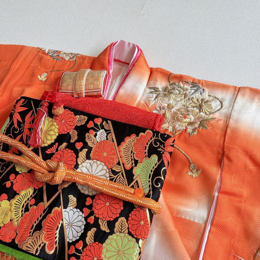 七五三　７歳女の子　オレンジ地　比翼仕立　刺繍金銀　花御所車未使用袋帯　7295