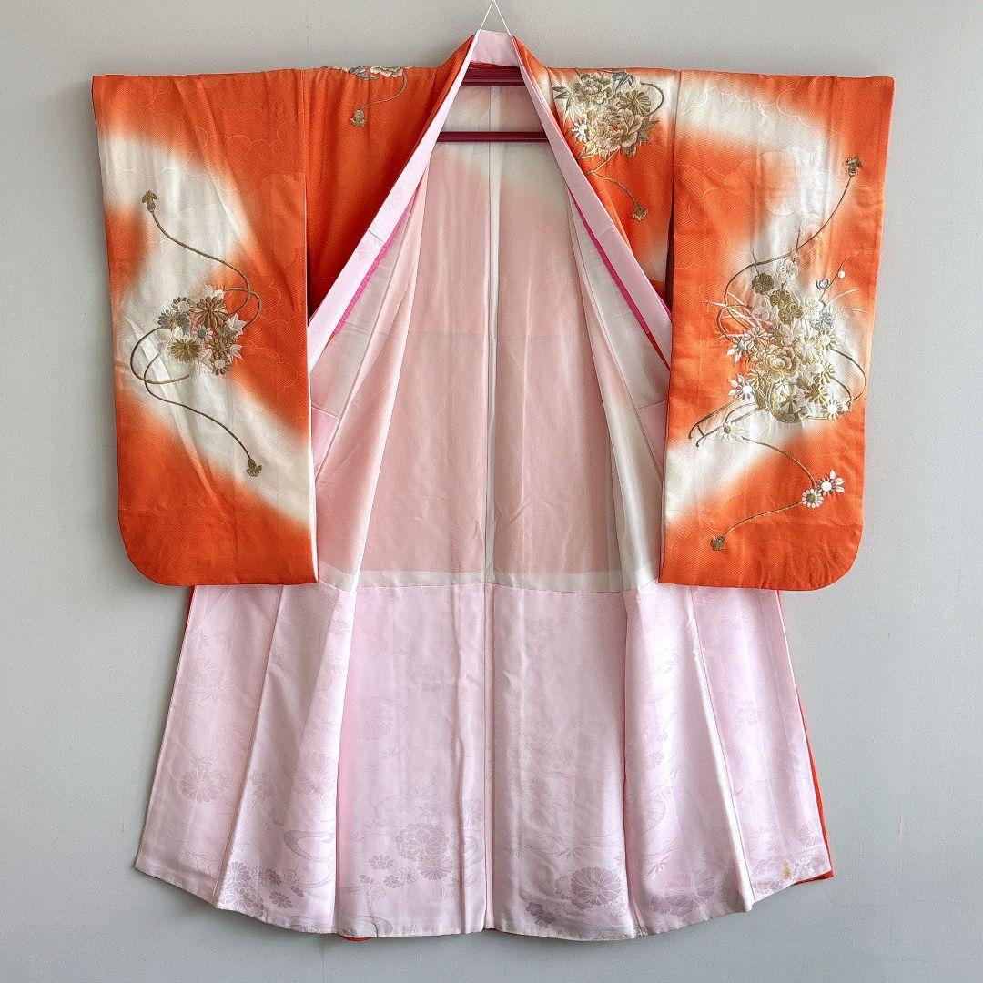七五三　７歳女の子　オレンジ地　比翼仕立　刺繍金銀　花御所車未使用袋帯　7295