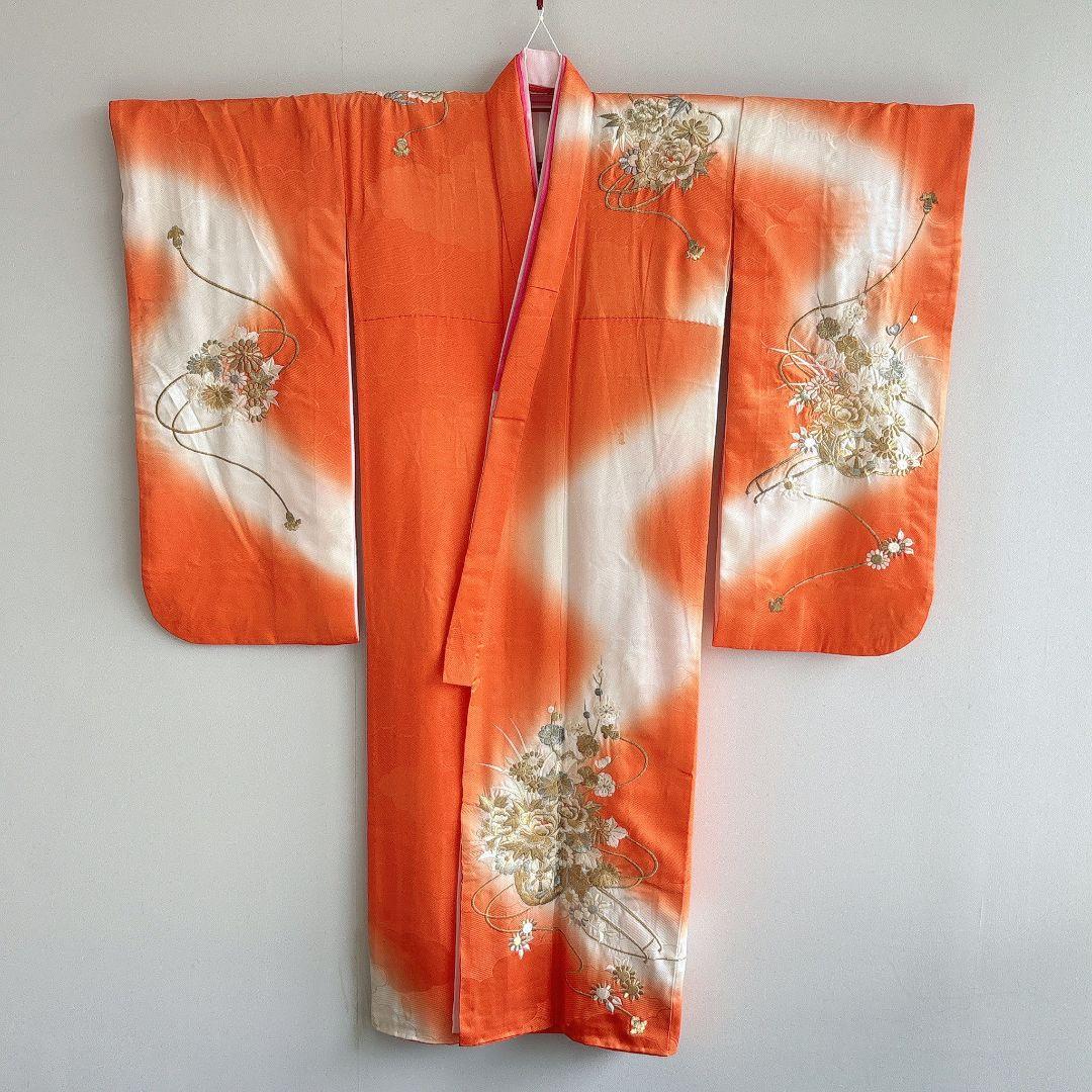 七五三　７歳女の子　オレンジ地　比翼仕立　刺繍金銀　花御所車未使用袋帯　7295