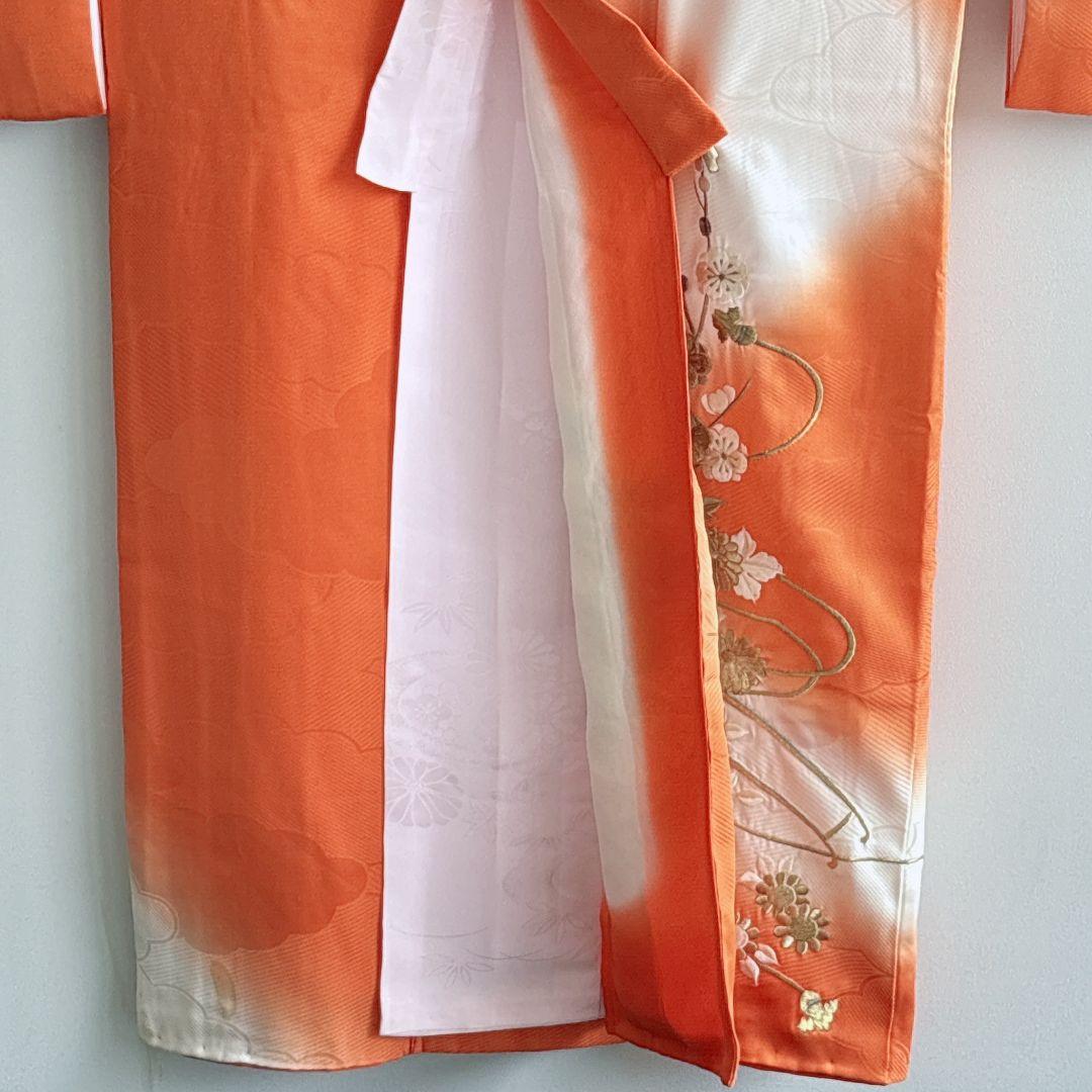 七五三　７歳女の子　オレンジ地　比翼仕立　刺繍金銀　花御所車未使用袋帯　7295