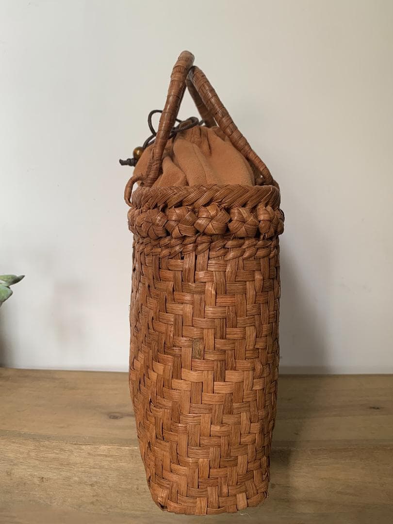 山葡萄 かごバッグ 六角花結び編み 網代編み 変則二重編み 手提げ 内布付き