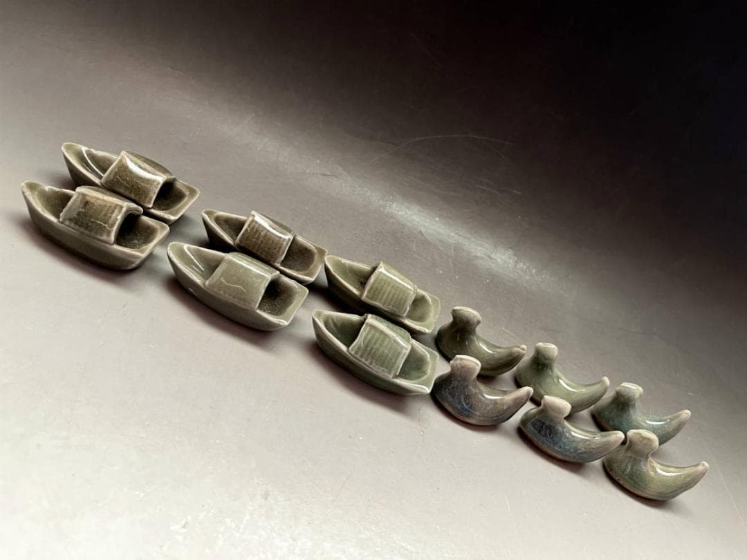 箸置き■古い青磁（江戸後期）舟型6客 鳥型6客 合計12客セット 千鳥 舟 骨董
