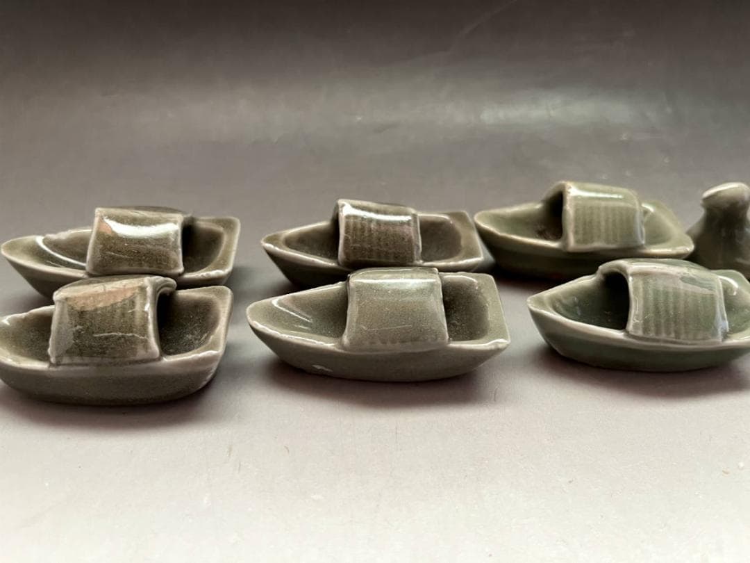 箸置き■古い青磁（江戸後期）舟型6客 鳥型6客 合計12客セット 千鳥 舟 骨董