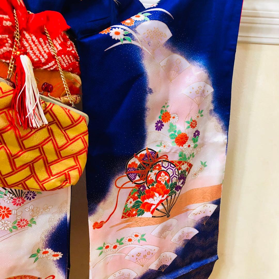 七五三7歳❣️人気Blue暈し古典柄❣️扇熨斗花々金彩煌びやか際立つ完全フルセット❣️