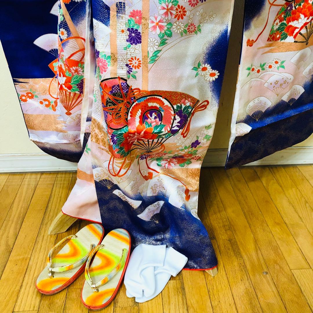 七五三7歳❣️人気Blue暈し古典柄❣️扇熨斗花々金彩煌びやか際立つ完全フルセット❣️