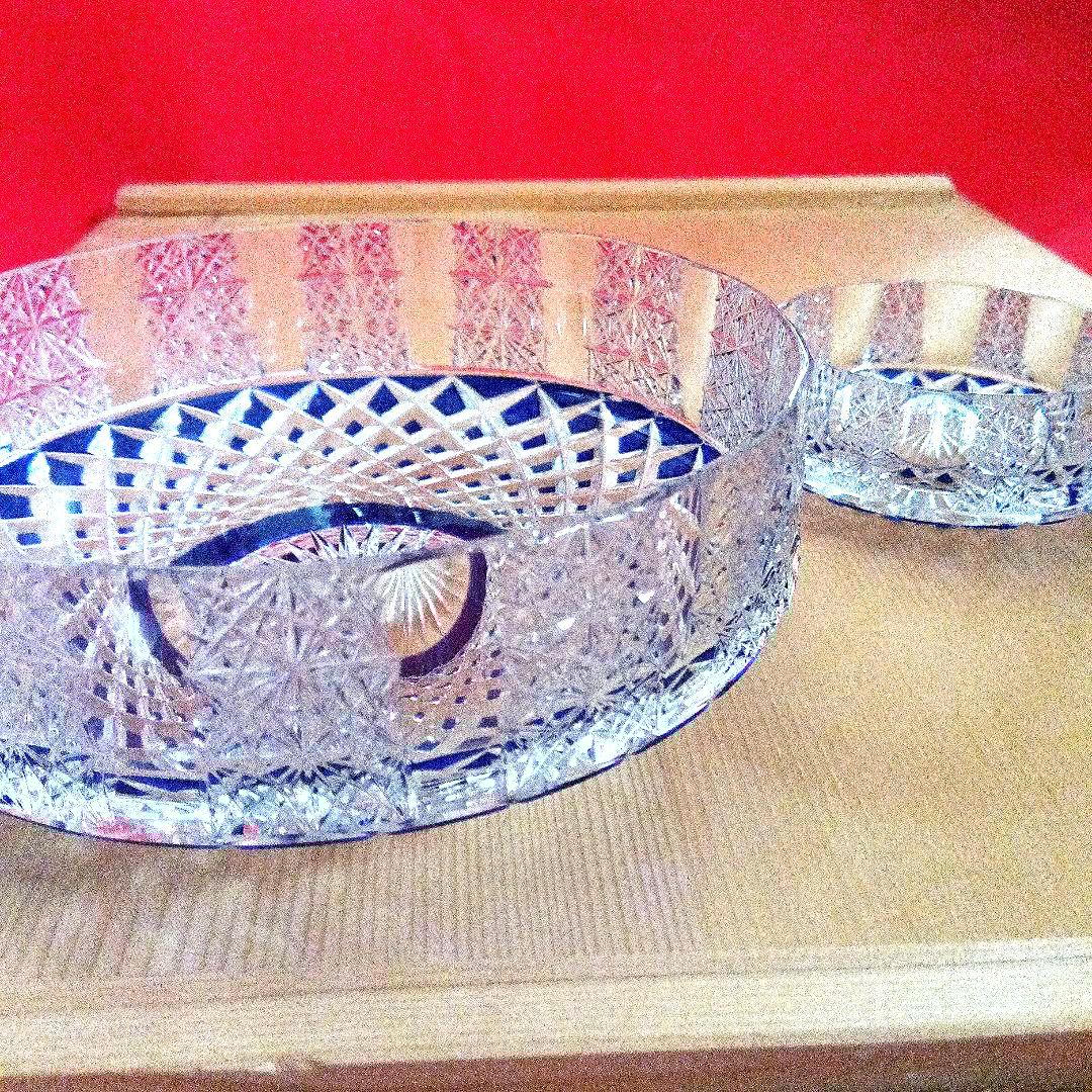 保谷クリスタル瑠璃被切子向付　十客