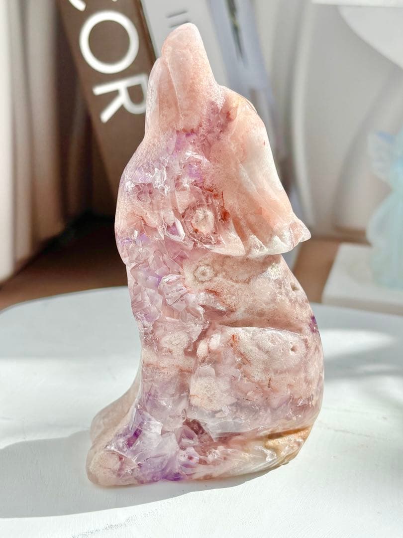 限定《芸術的ピース✰》ピンクアメジスト　フラワーアゲート　オオカミ　カービング