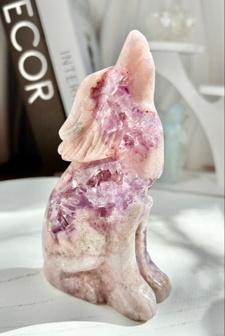 限定《芸術的ピース✰》ピンクアメジスト　フラワーアゲート　オオカミ　カービング