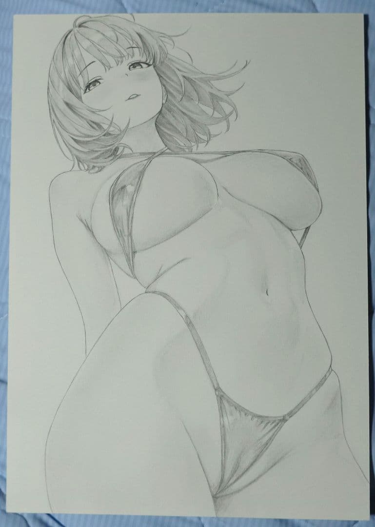 手描きイラスト　A4　鉛筆画　イラスト　美少女　キャラクター ビキニ イラスト