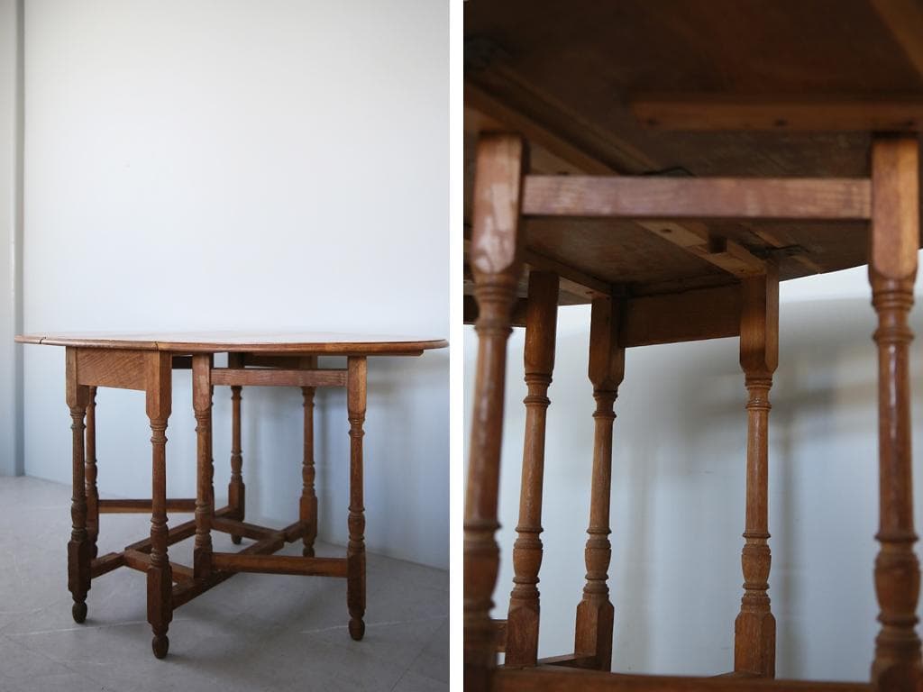 英国アンティーク木製ゲートレッグテーブル/ダイニング机バタフライ(92