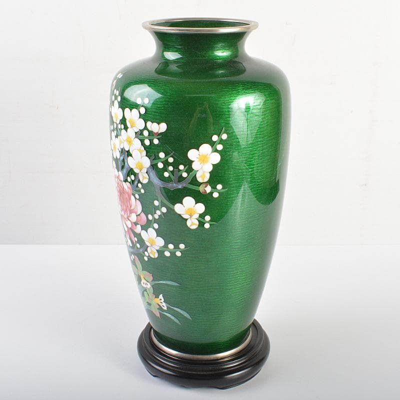 七宝焼 相互七宝造 緑光釉四君子文 七宝花瓶 唐木台付 共箱 D R6973B