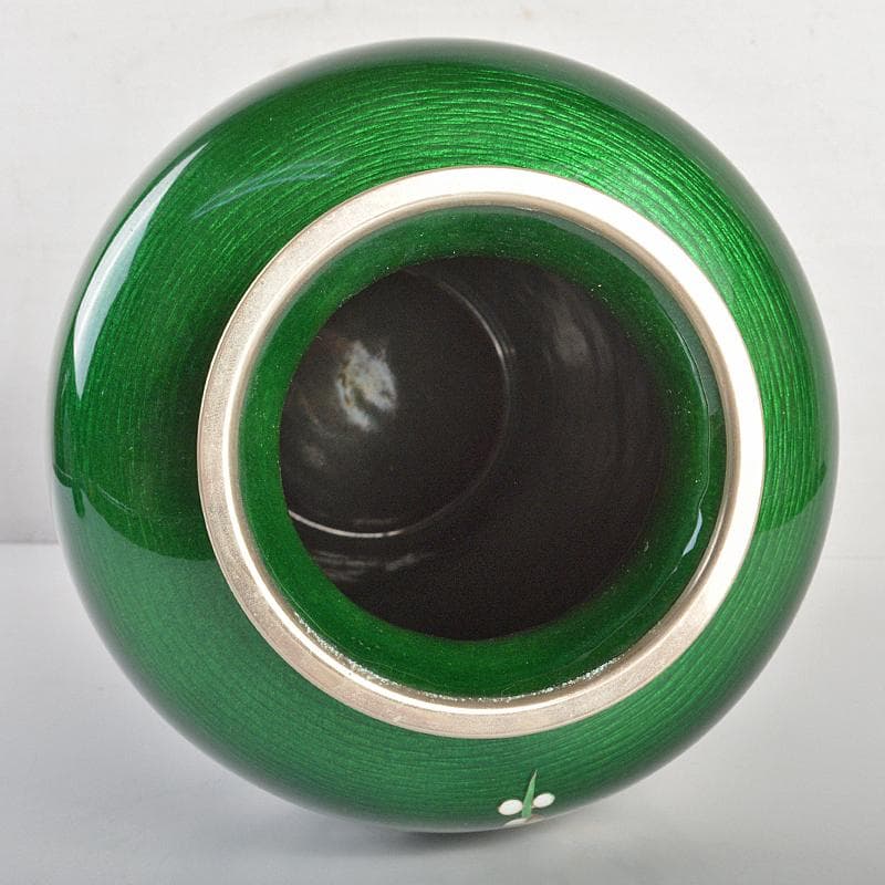 七宝焼 相互七宝造 緑光釉四君子文 七宝花瓶 唐木台付 共箱 D R6973B