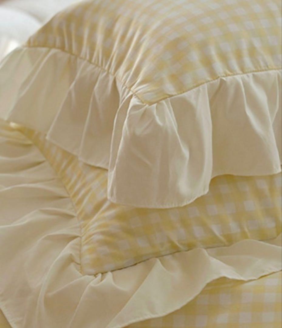 イエロー チェック柄 フリル付き シングルカバー4点セット