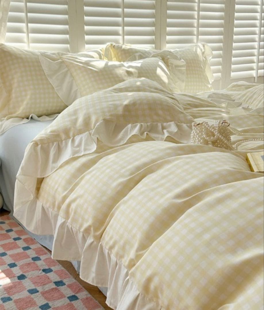 イエロー チェック柄 フリル付き シングルカバー4点セット