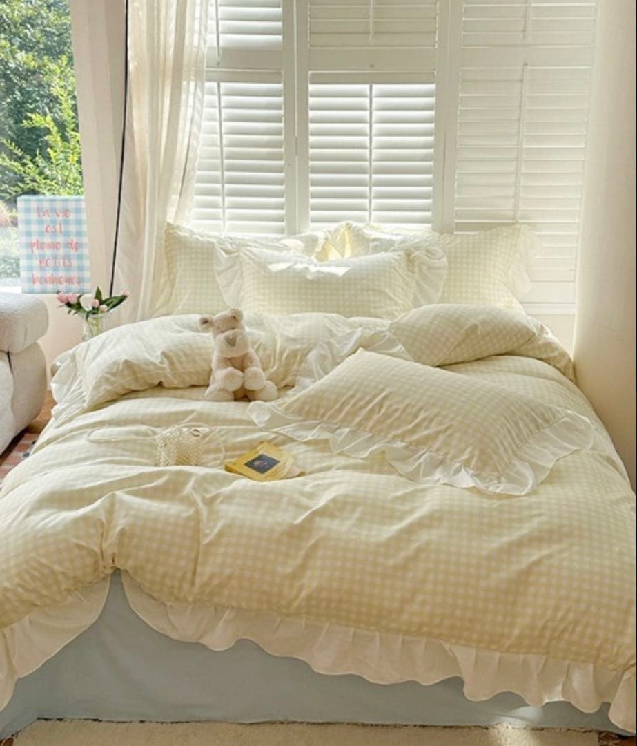 イエロー チェック柄 フリル付き シングルカバー4点セット