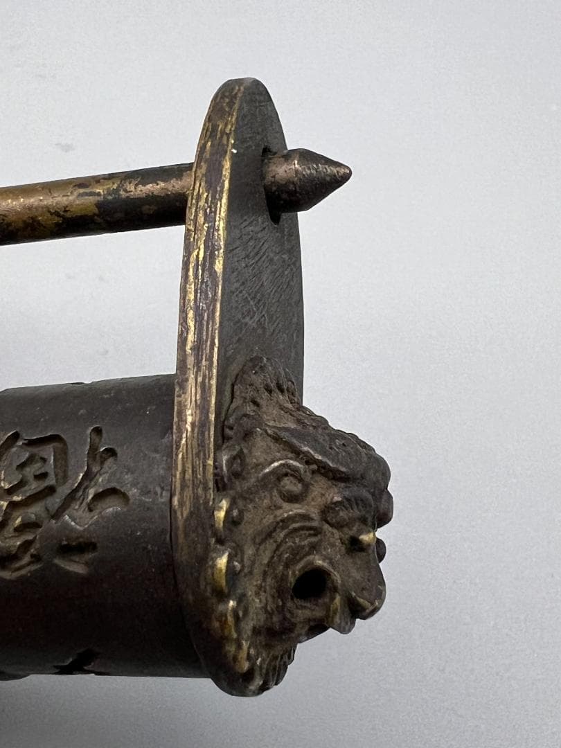 【海】中国晩清民国　からくり　錠前　銅製立体獅子文　丸4文字　古い鍵　中国骨董品