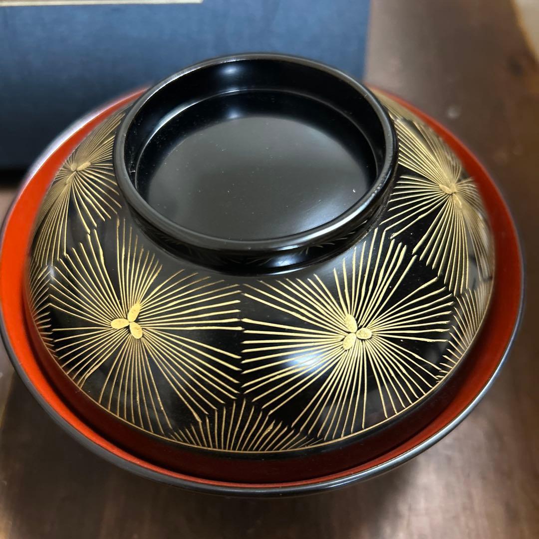 輪島塗　高級漆器　黒塗沈金亀甲松文　濱崎重男　浜崎重男　夫婦椀　伝統工芸品　希少