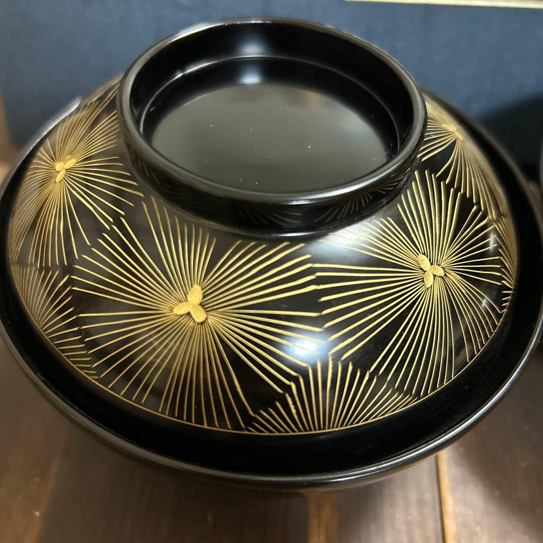 輪島塗　高級漆器　黒塗沈金亀甲松文　濱崎重男　浜崎重男　夫婦椀　伝統工芸品　希少