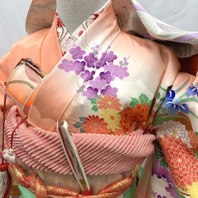 503ag48■七五三 七歳 女児 着物&袋帯&長襦袢 牡丹 菊■状態良好