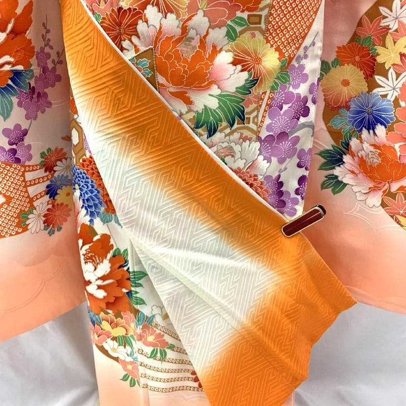 503ag48■七五三 七歳 女児 着物&袋帯&長襦袢 牡丹 菊■状態良好