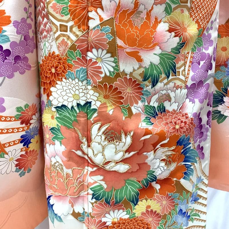 503ag48■七五三 七歳 女児 着物&袋帯&長襦袢 牡丹 菊■状態良好