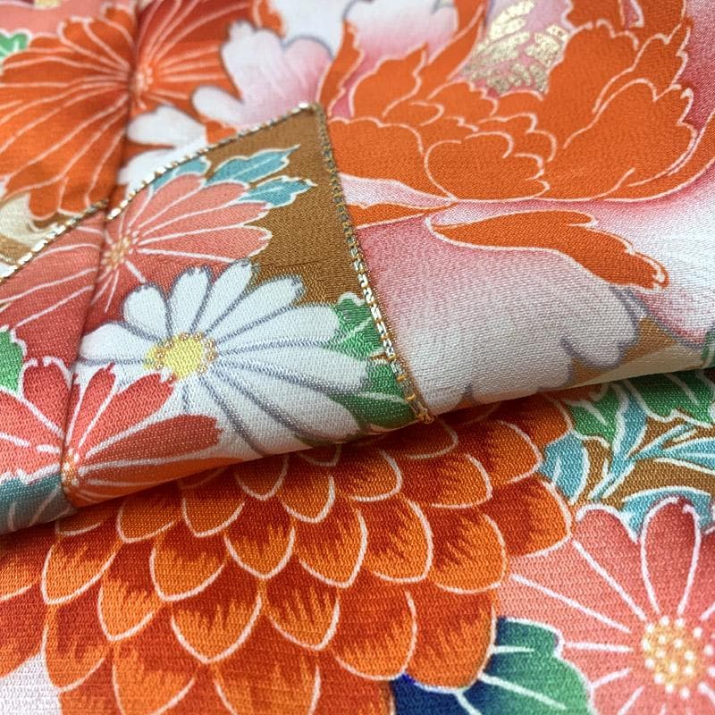 503ag48■七五三 七歳 女児 着物&袋帯&長襦袢 牡丹 菊■状態良好