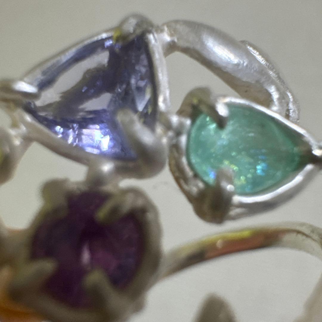 虹入りパライバトルマリン+タンザナイト+バイカラーサファイアシルバーリング17号