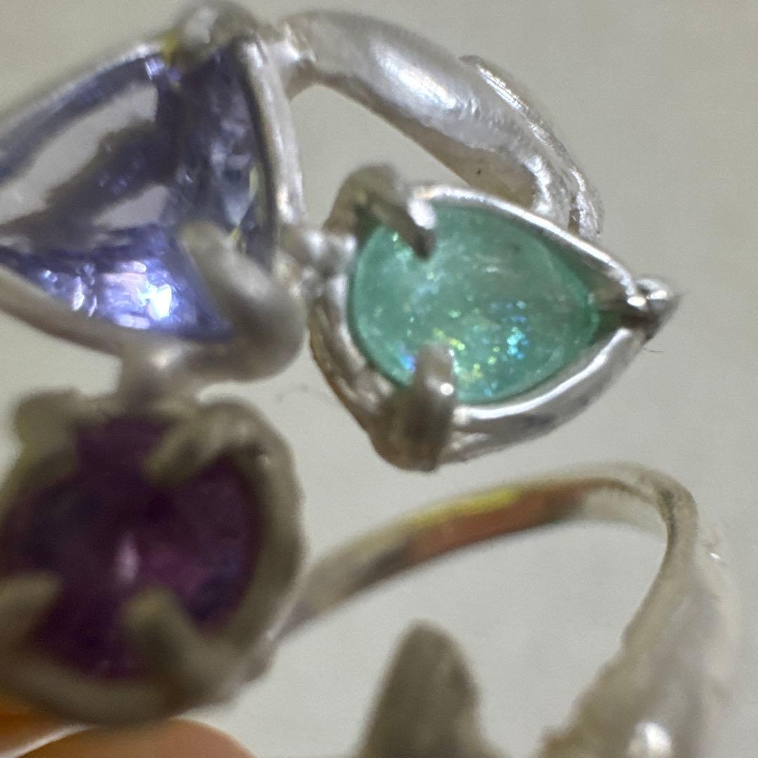 虹入りパライバトルマリン+タンザナイト+バイカラーサファイアシルバーリング17号