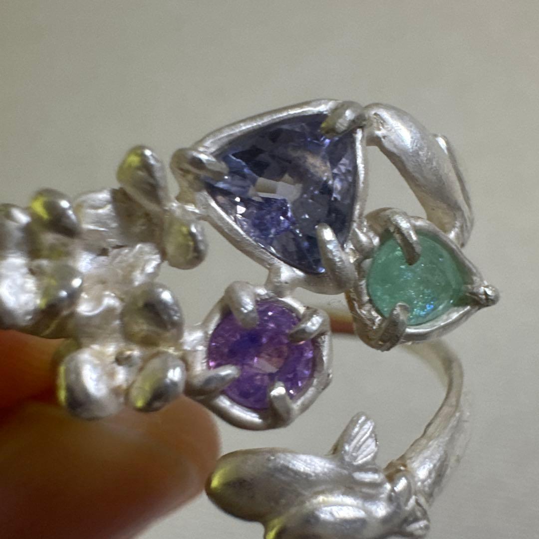 虹入りパライバトルマリン+タンザナイト+バイカラーサファイアシルバーリング17号