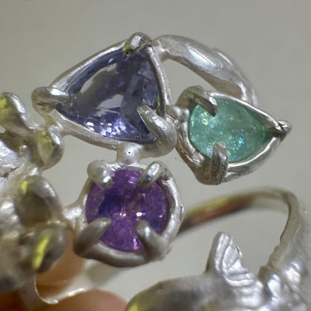 虹入りパライバトルマリン+タンザナイト+バイカラーサファイアシルバーリング17号