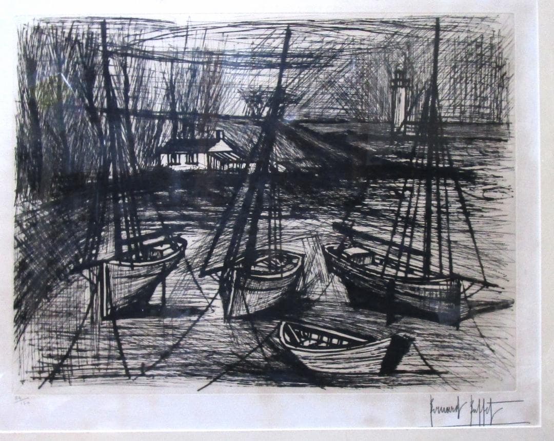 額装 線の画家 ベルナール・ビュフェ［ヨットハーバー］真筆サイン入り