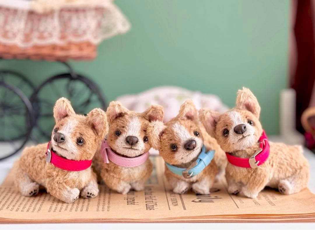 お家探し中のコーギーたち 仔犬 アーティストベア ぬいぐるみ 海外作家様 置物