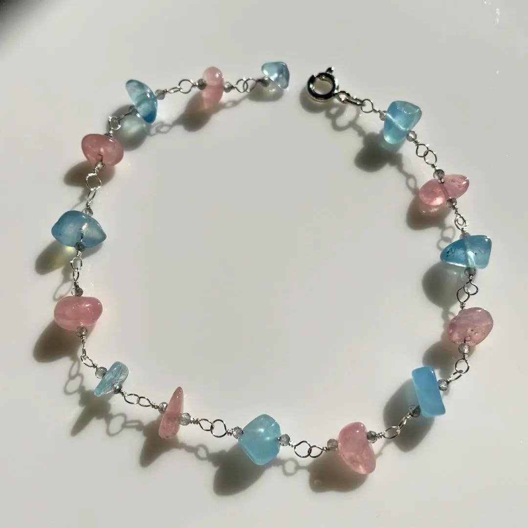 ◆シルバー925◆アクアマリン ローズクォーツ ミスティックトパーズブレスレット