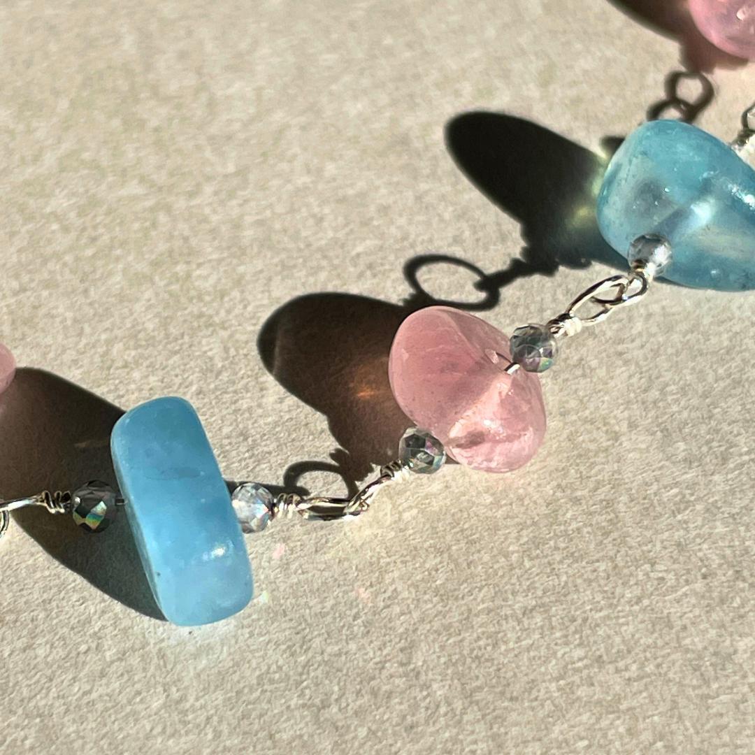 ◆シルバー925◆アクアマリン ローズクォーツ ミスティックトパーズブレスレット