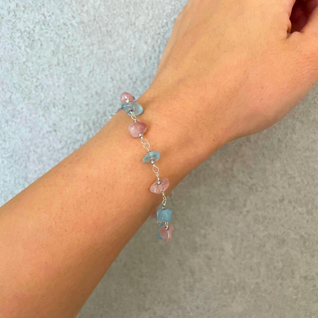 ◆シルバー925◆アクアマリン ローズクォーツ ミスティックトパーズブレスレット
