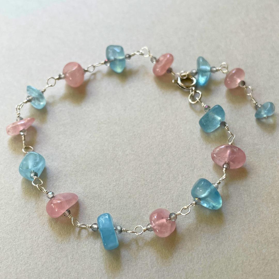 ◆シルバー925◆アクアマリン ローズクォーツ ミスティックトパーズブレスレット