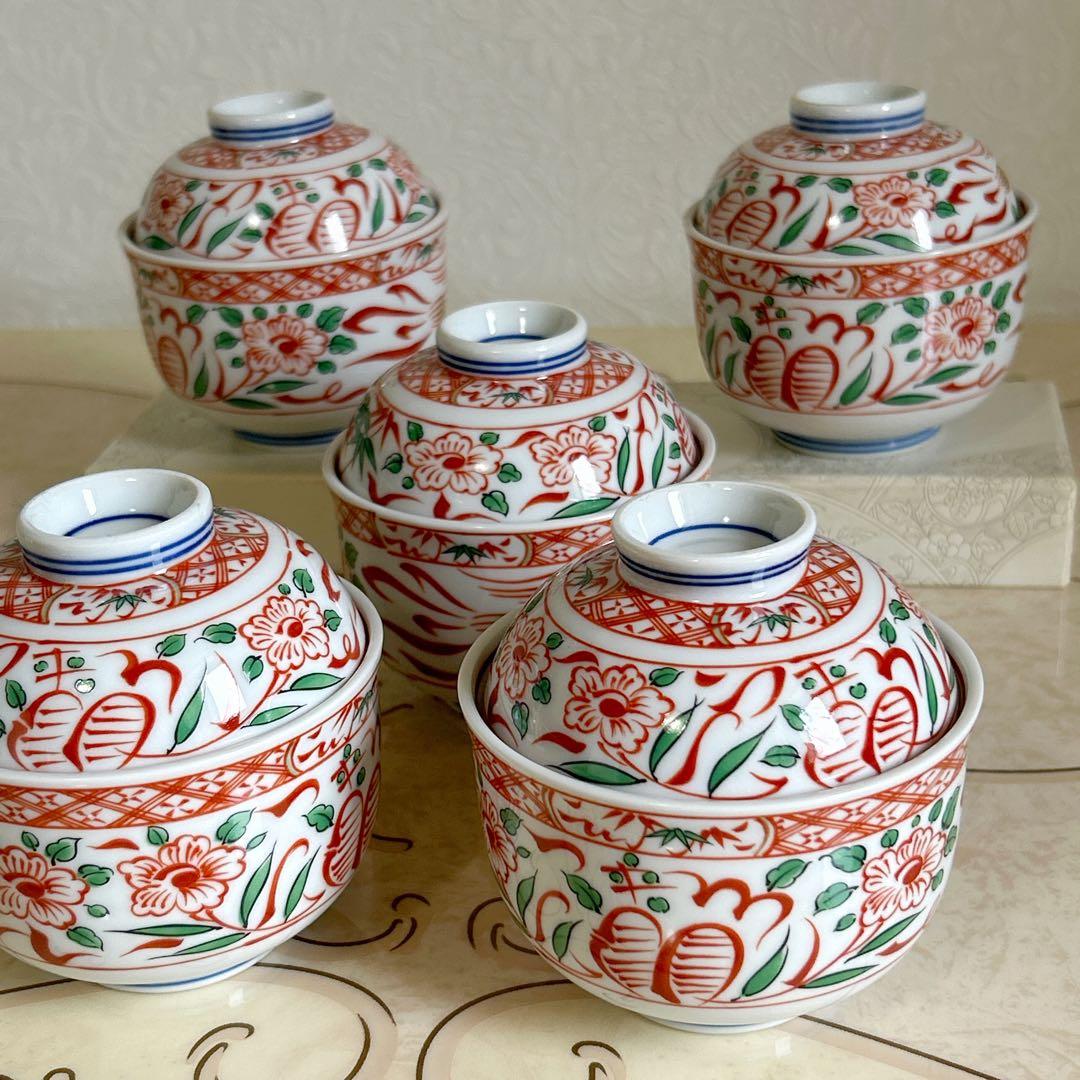 有田焼 喜峰窯 赤絵花鳥 蓋付き碗揃 5客 茶碗蒸し碗 小丼ぶり 色絵 古
