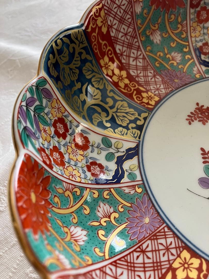 未使用❤️有田焼 清秀 元禄古伊万里 菊割鉢 大鉢 輪花盛鉢 金彩色絵染