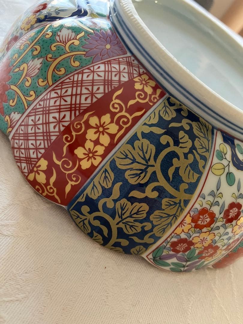 未使用❤️有田焼 清秀 元禄古伊万里 菊割鉢 大鉢 輪花盛鉢 金彩色絵染